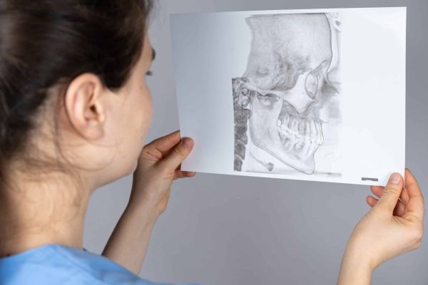 Mitarbeiterin hält Scan des Kiefergelenks vor sich