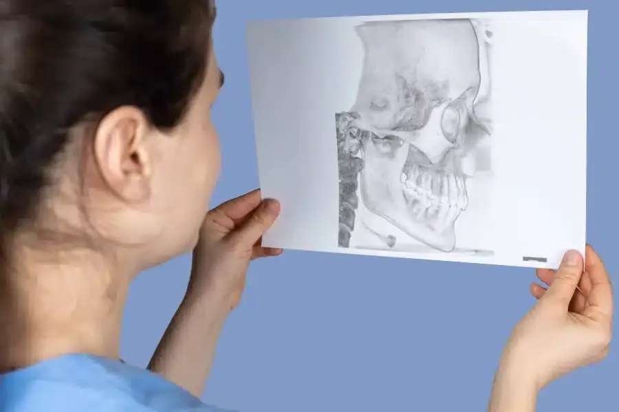 Zahnärztin betrachtet ein Röntgenbild des Schädels mit Fokus auf Zähne und Kieferstruktur. Die Aufnahme zeigt ein seitliches Profil.