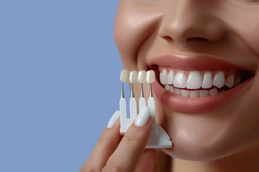 Lächelnde Frau hält eine Farbskala für Veneers an ihre Zähne. Die Farbmuster dienen dem Vergleich für die optimale Zahnfarbe.